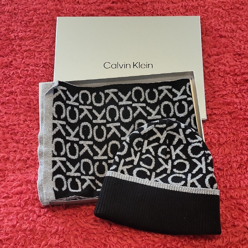 Calvin Klein Black and Silver Logo Beanie and Scarf Set - Picture 1 of 3